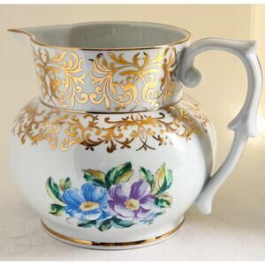 Pitcher-Vintage-Ethen Allen-Porcelain-Gold Trim-Floral Design-Holds 4 Cups